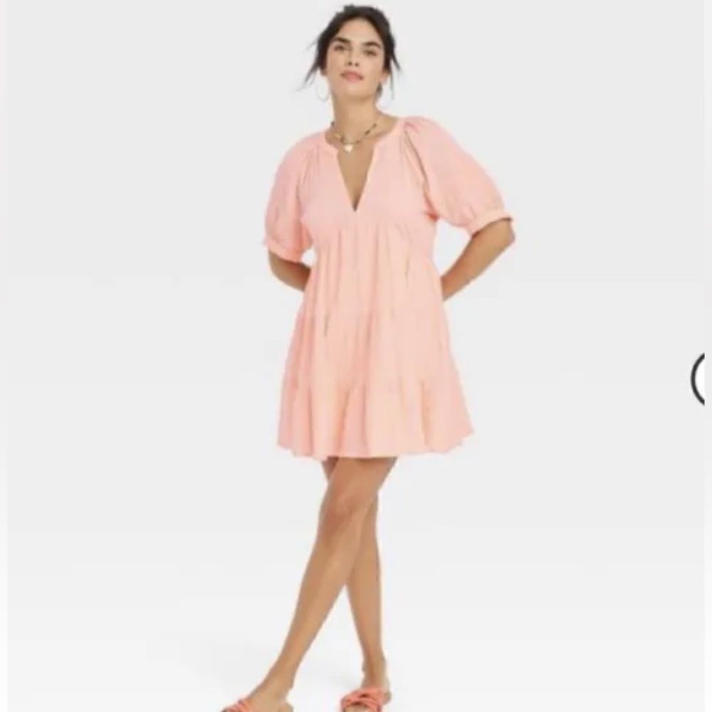 Universal Thread Women's Puff Elbow Sleeve Crinkle Tiered Dress